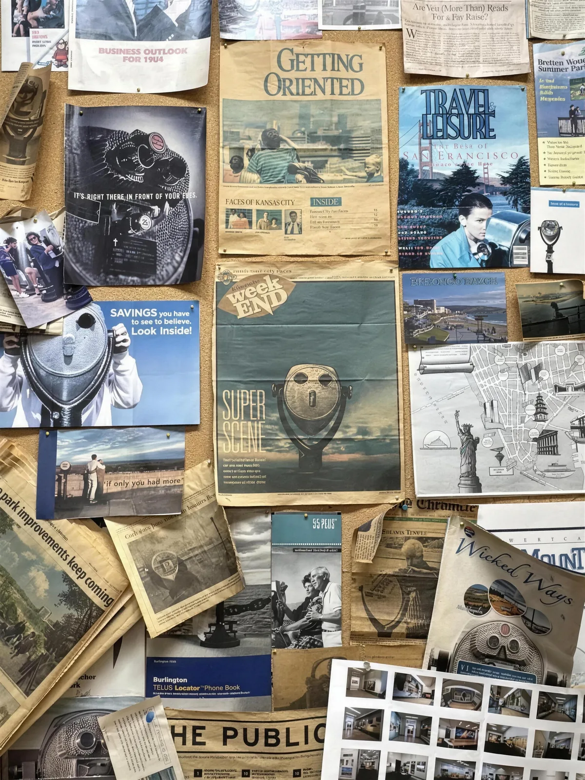 A corkboard in the Norwalk shop covered with decades of newspaper and magazine clippings featuring Tower Optical viewers