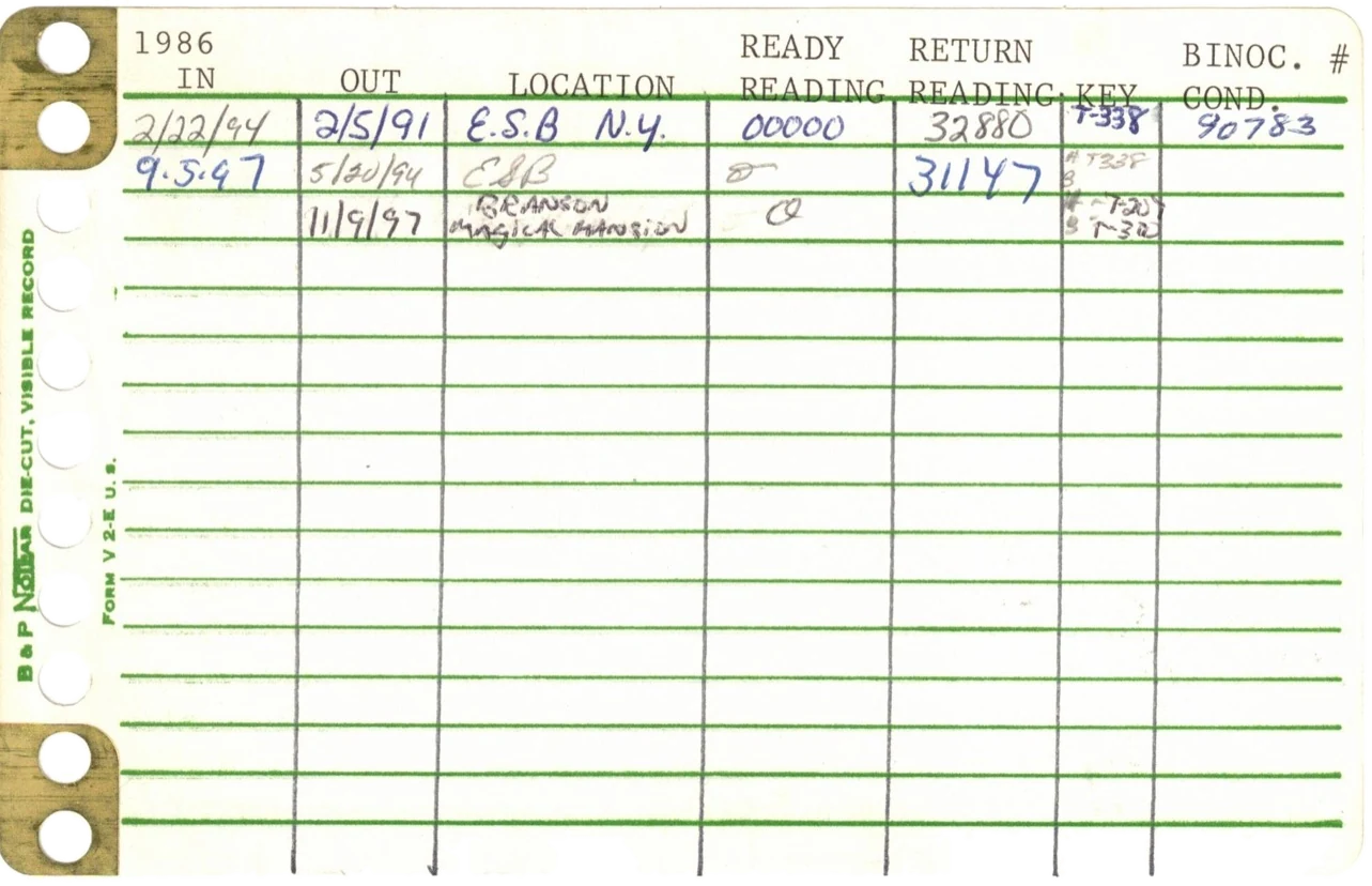 Machine 1986's original die-cut ledger card, with handwritten Empire State Building entries from the early 1990s