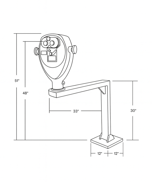 Technical drawing of Tower Optical’s ADA-compliant base showing height and length dimensions for accessible coin-operated binocular viewers.