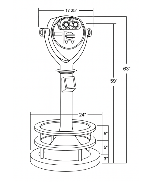 Technical drawing of Tower Optical’s standard base showing height and diameter dimensions for coin-operated binocular viewers.