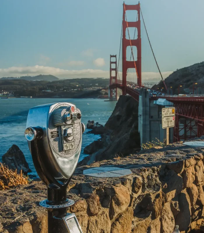 A Tower Optical coin-operated binocular viewer overlooking the Golden Gate Bridge in San Francisco, California.